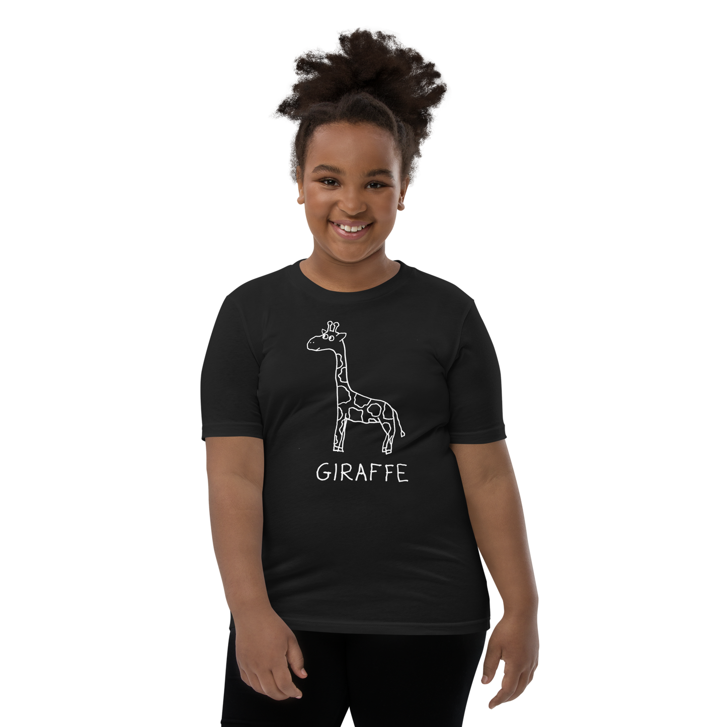 Smiling young girl wearing a black kids t-shirt with a simple hand drawn giraffe illustration and 'GIRAFFE' text on a white background