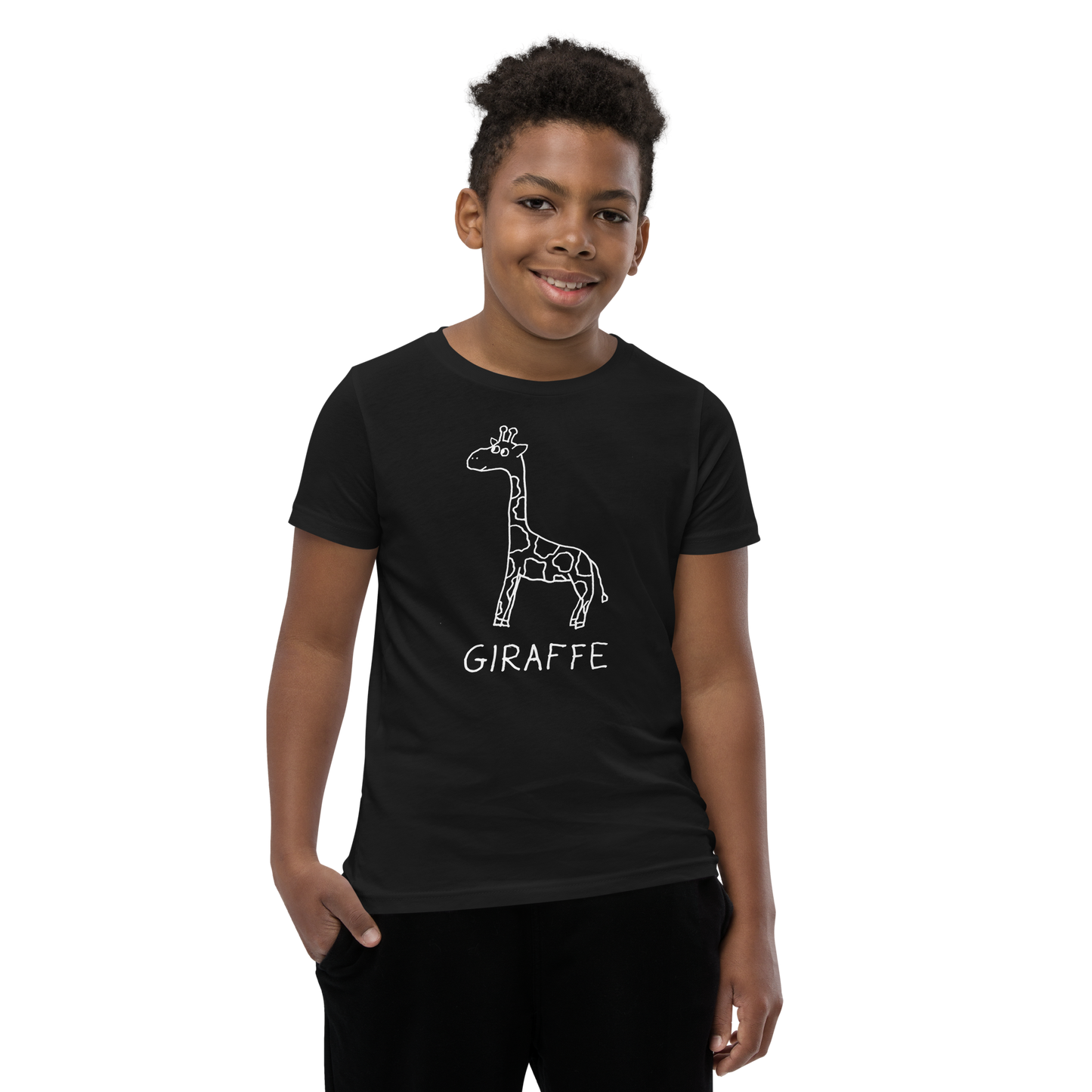 Smiling boy wearing a black kids t-shirt with a simple hand drawn giraffe illustration and 'GIRAFFE' text on a white background