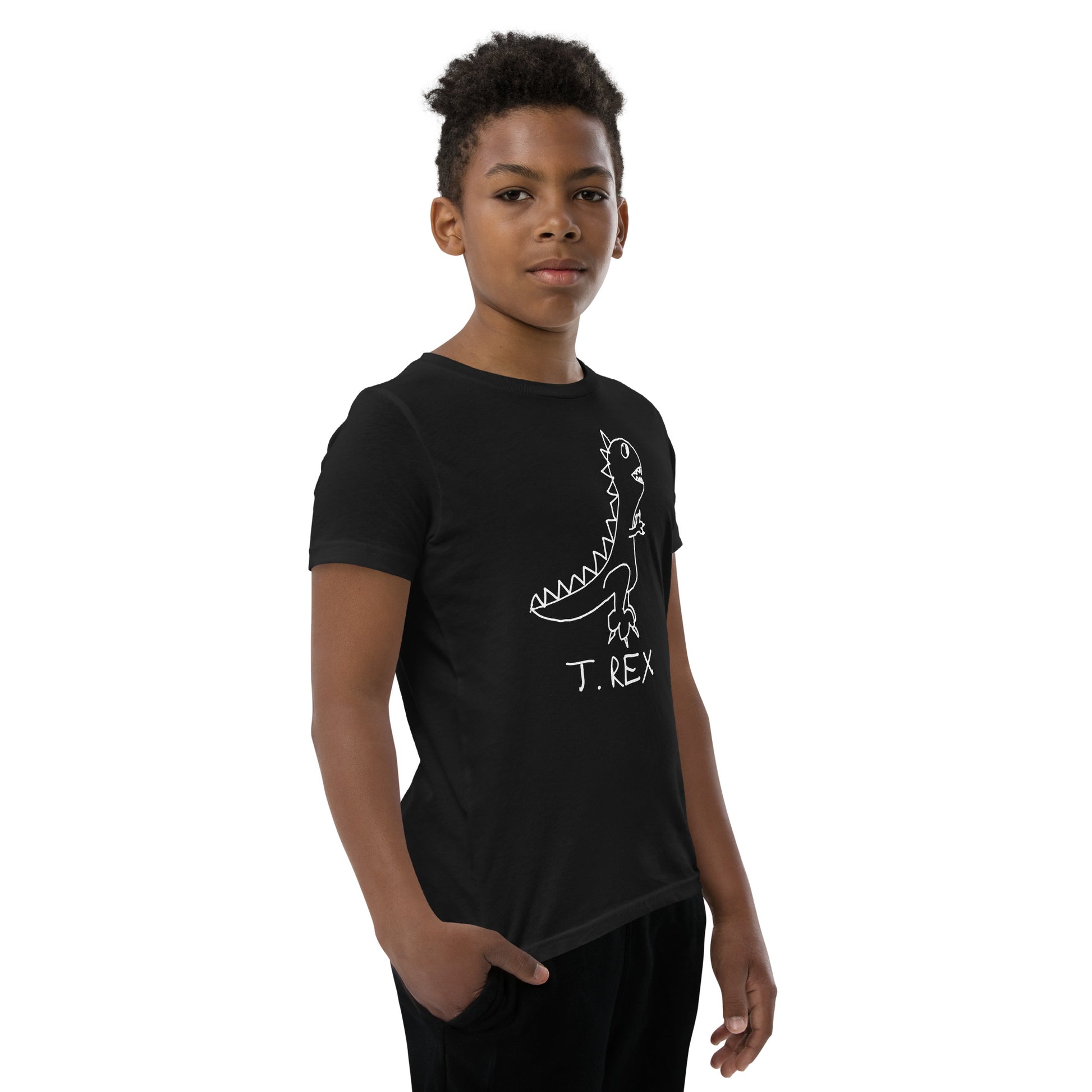 Child wearing a black t-shirt with a  simple  hand drawn dinosaur graphic and 'T. Rex' text on a white background