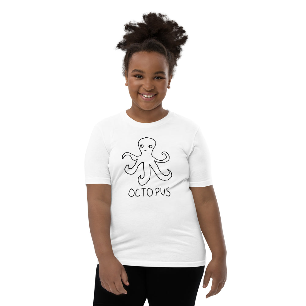 Girl wearing a white kids t-shirt with a simple hand drawn octopus design and 'OCTOPUS' text on a white background