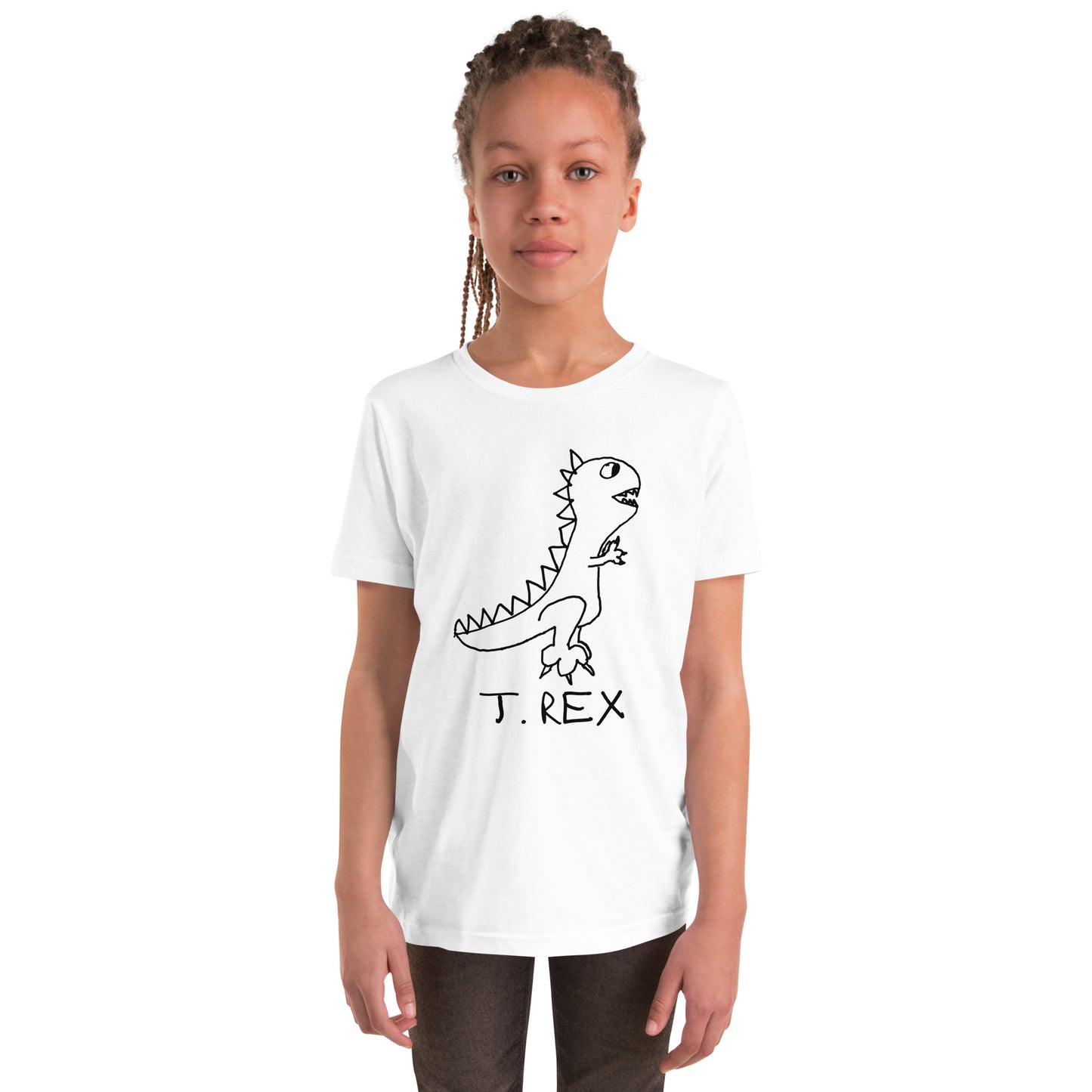 Child wearing a white t-shirt with a  simple  hand drawn dinosaur graphic and 'T. Rex' text on a white background