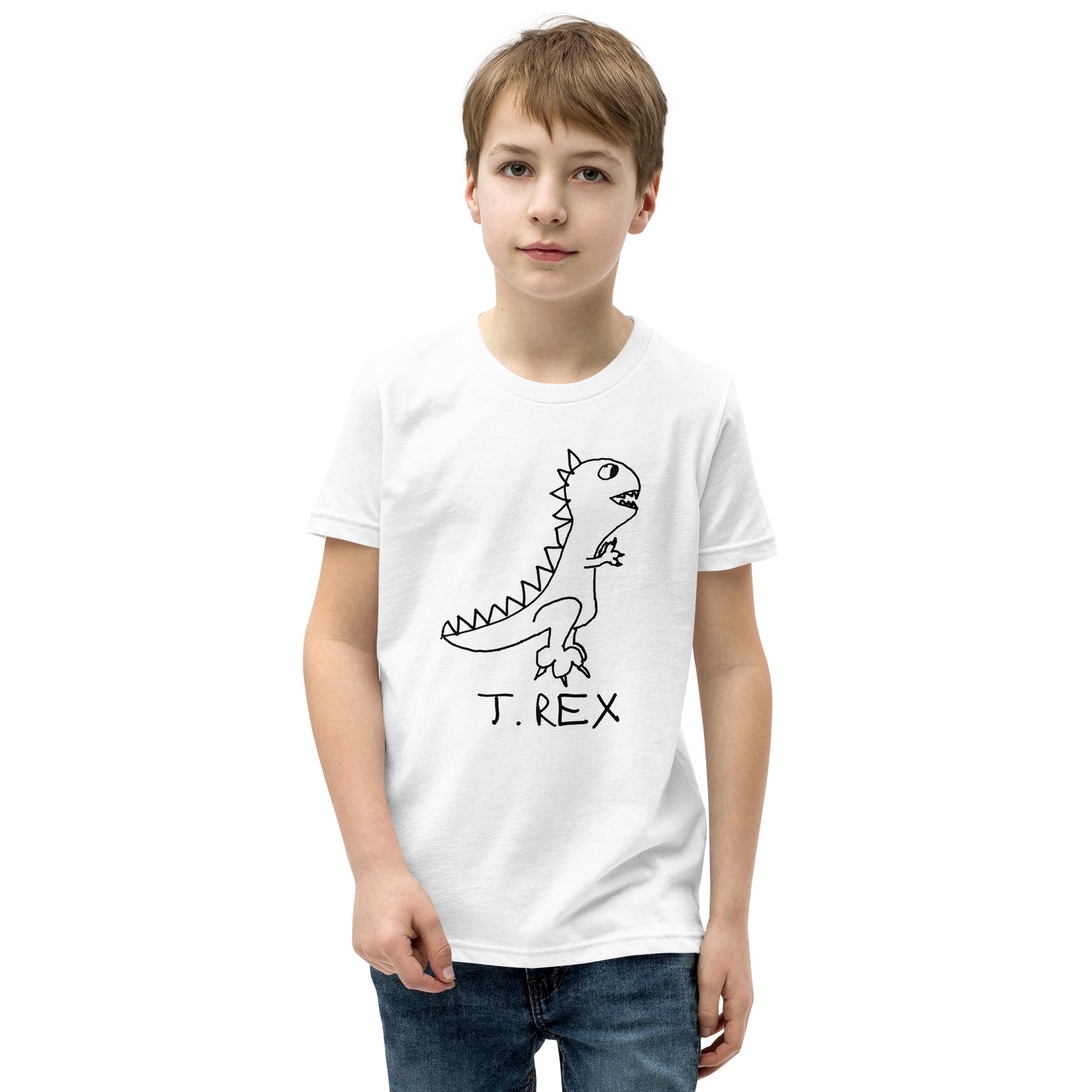 Boy wearing a white t-shirt with a  simple  hand drawn dinosaur graphic and 'T. Rex' text on a white background