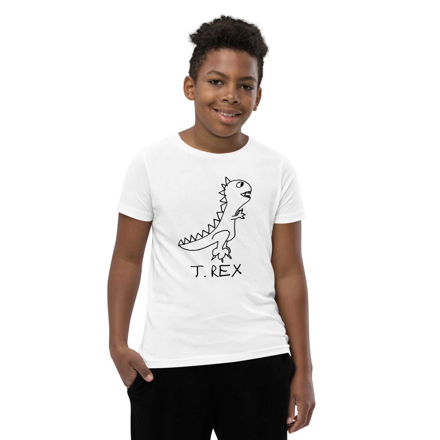 Confident boy wearing a white t-shirt with a  simple  hand drawn dinosaur graphic and 'T. Rex' text on a white background