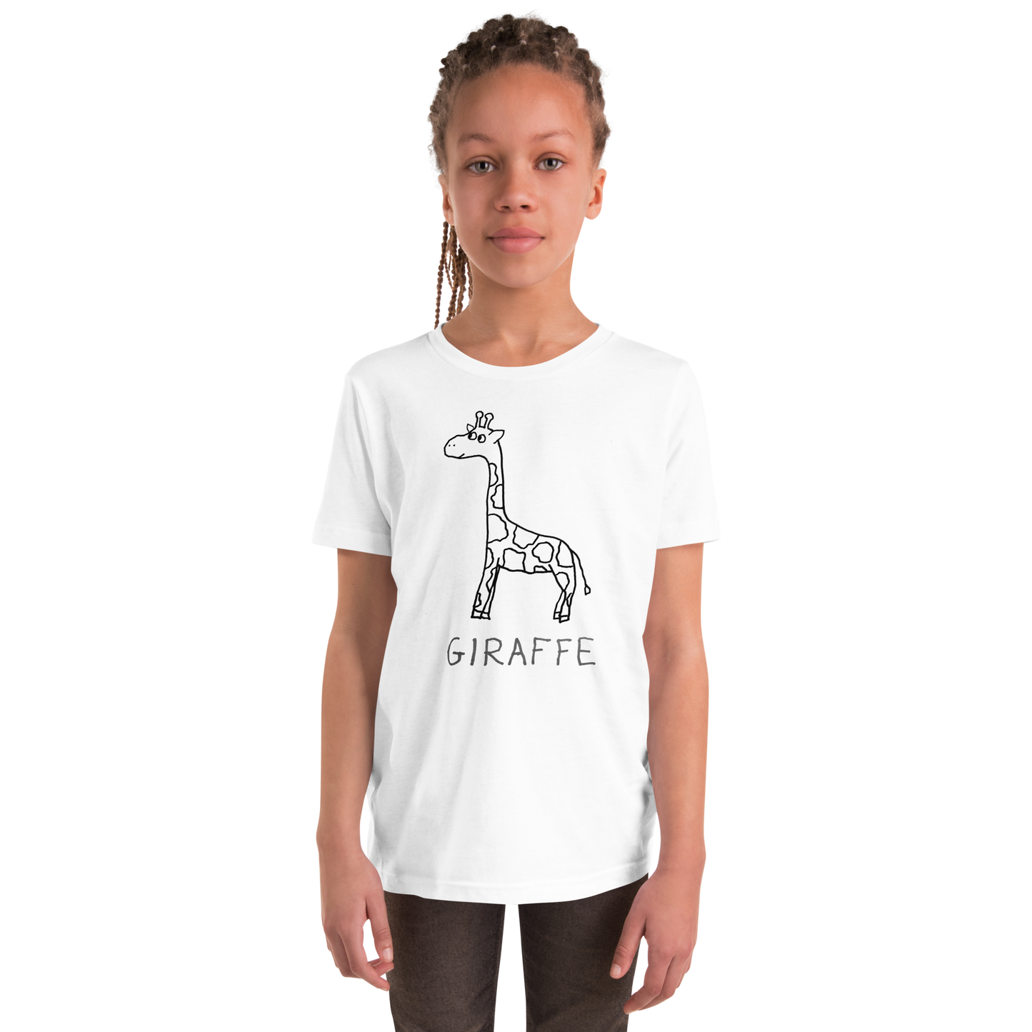 Young girl wearing a White kids t-shirt with a simple hand drawn giraffe illustration and 'GIRAFFE' text on a white background