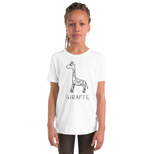 Young girl wearing a White kids t-shirt with a simple hand drawn giraffe illustration and 'GIRAFFE' text on a white background