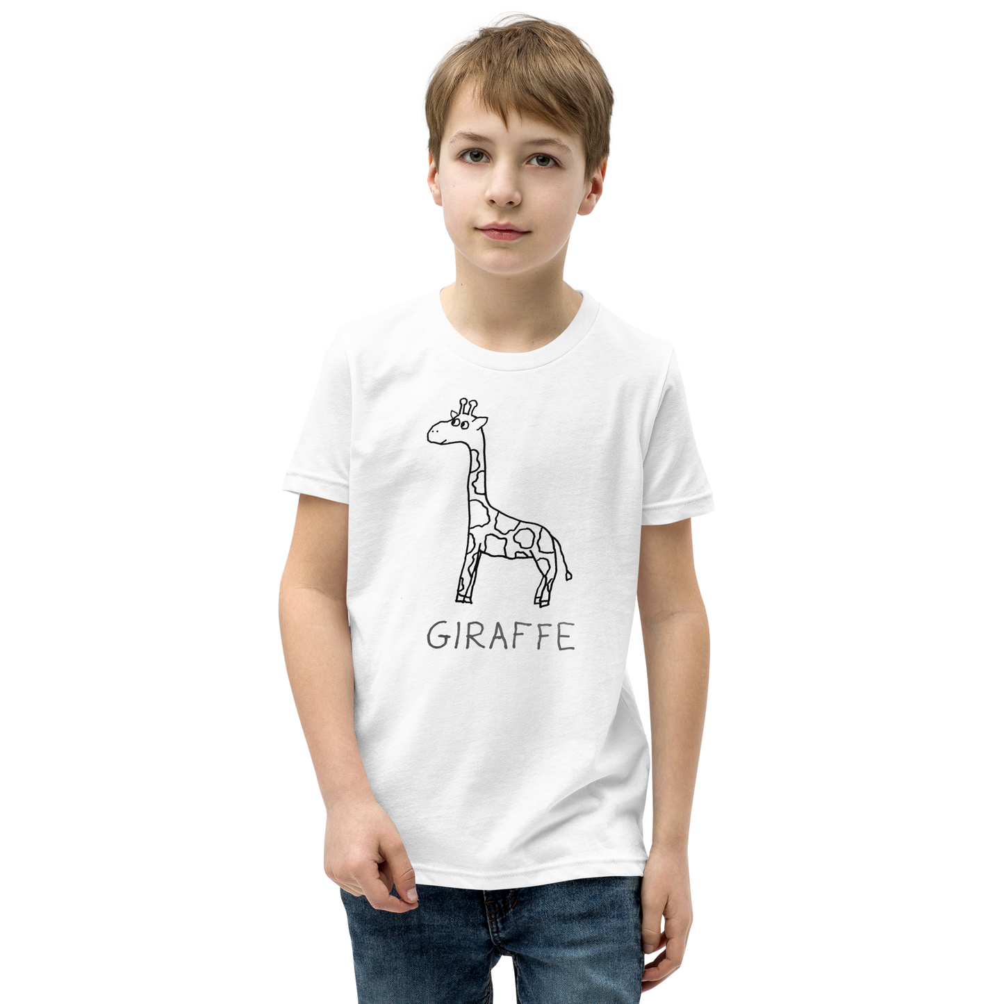 Boy wearing a White kids t-shirt with a simple hand drawn giraffe illustration and 'GIRAFFE' text on a white background