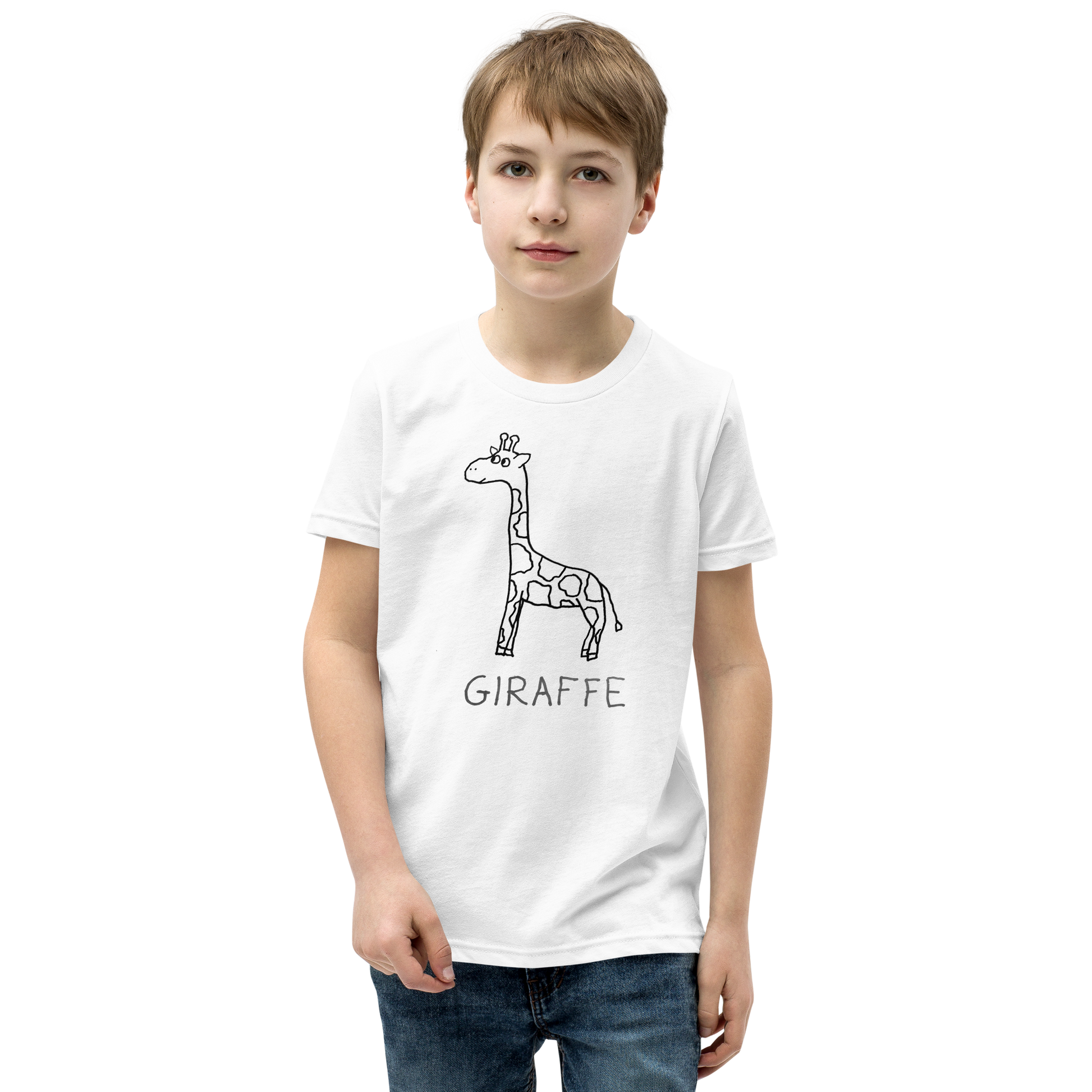 Boy wearing a White kids t-shirt with a simple hand drawn giraffe illustration and 'GIRAFFE' text on a white background