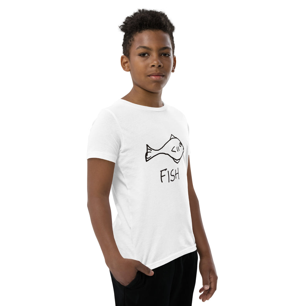 Child wearing a white kids t-shirt with a simple hand drawn fish illustration and 'FISH' text on a white background