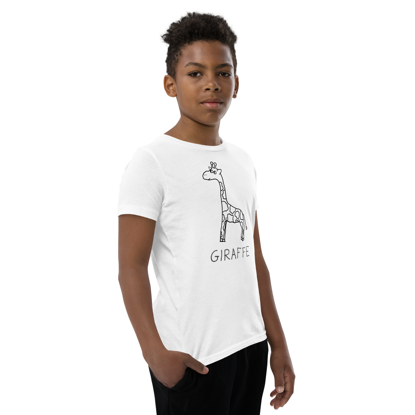 Confident young boy wearing a white kids t-shirt with a simple hand drawn giraffe illustration and 'GIRAFFE' text on a white background